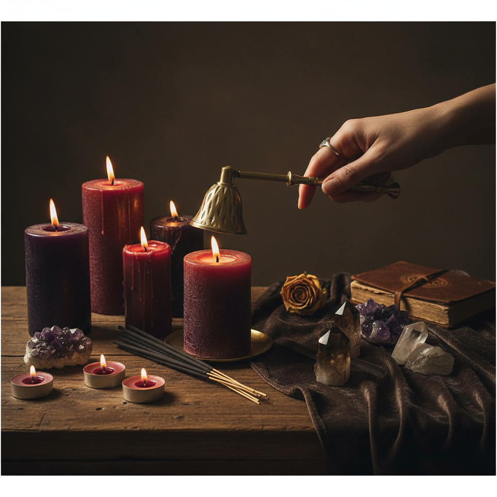 Brass Renaissance candle snuffer held over a ritual altar with fully textured candles, crystals, and warm golden lighting