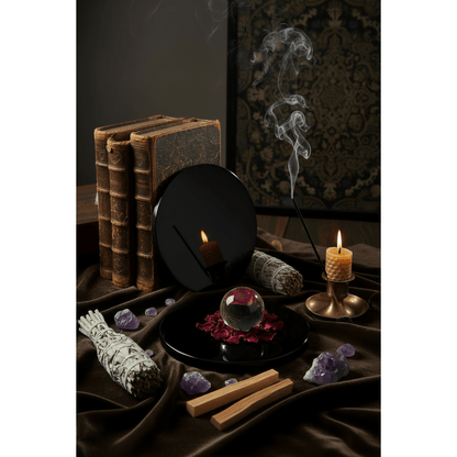 6-inch black obsidian scrying mirror standing upright against aged spell books on a dark wooden altar with incense and rose petals