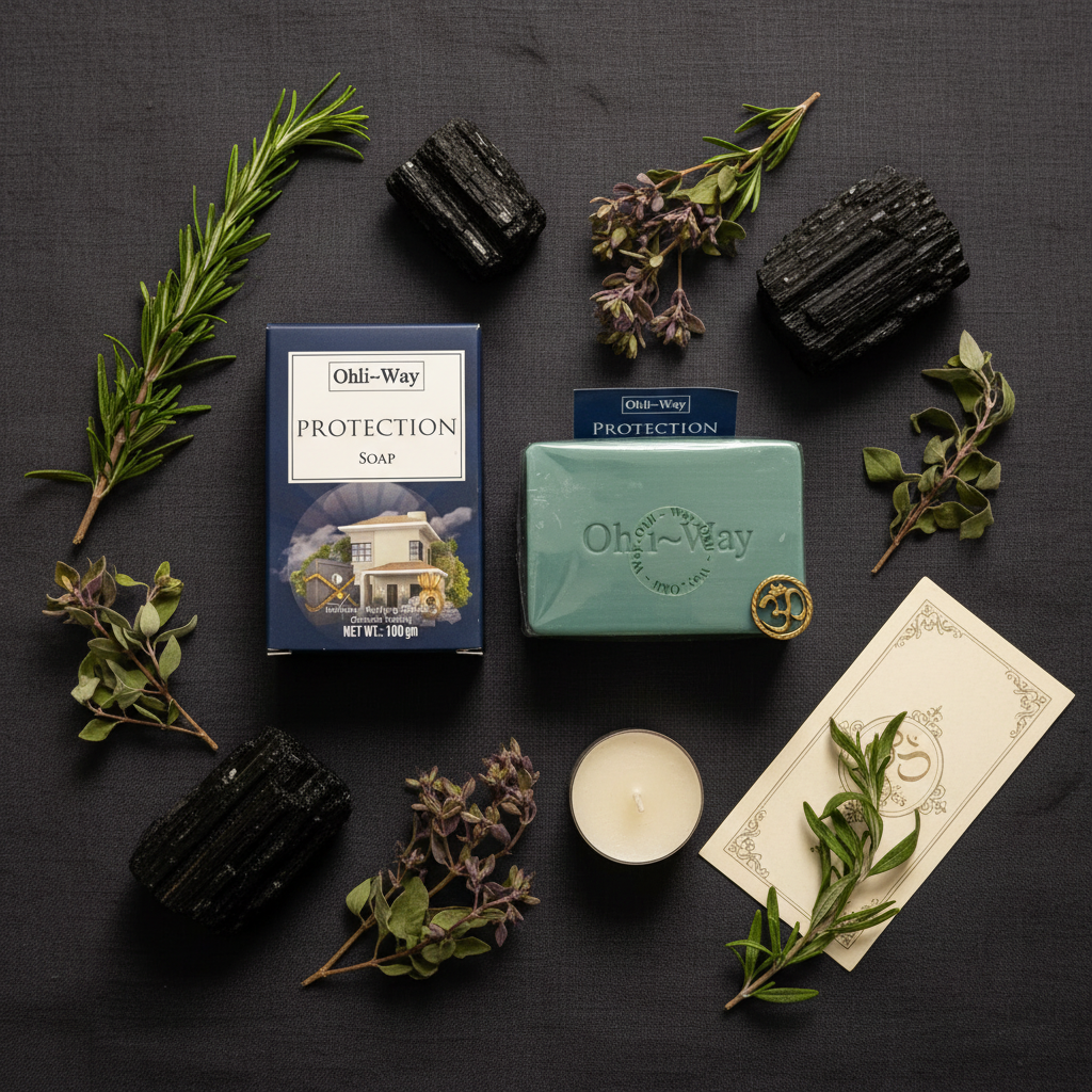 Flat lay of Ohli-Way Protection Soap box, teal bar, gold Om charm, herbs, crystals, candle, and prayer card on dark linen