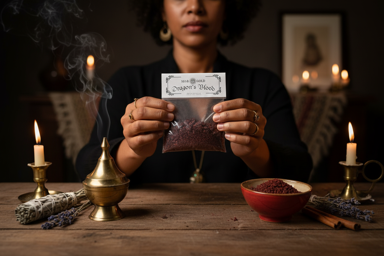 Dragon's Blood granular incense bag held by hands over ritual altar