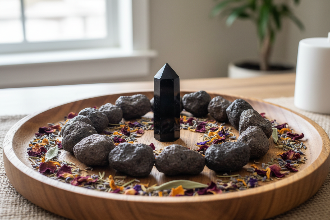 Natural lodestones arranged in a ritual circle on a wooden tray around a black tourmaline crystal point