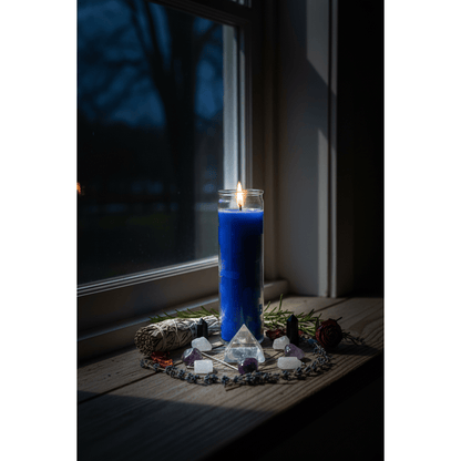 Blue 7-day jar candle glowing on a moonlit windowsill with a crystal grid and dried botanicals