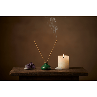Hand-rolled incense sticks in ceramic holder on dark wooden altar with amethyst crystal cluster and white pillar candle, smoke rising in candlelight