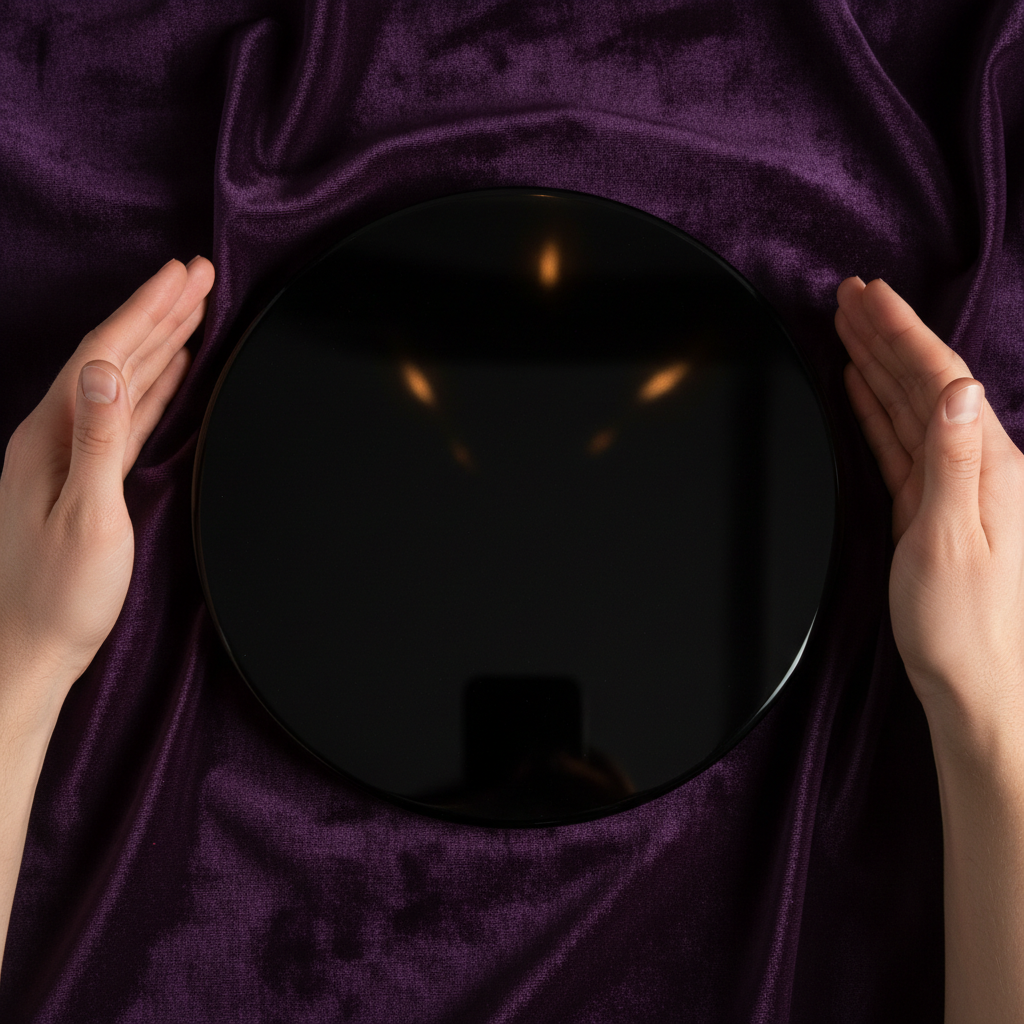 Black Obsidian Scrying Mirror 8 inch overhead flat lay on dark velvet with hands for scale