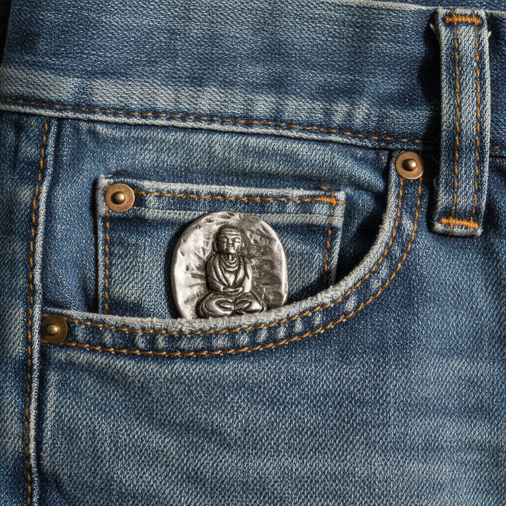Tiny Buddha pocket stone tucked inside a denim jeans pocket, showing its compact everyday carry size