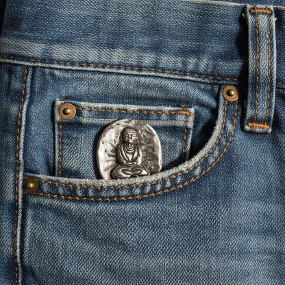 Tiny Buddha pocket stone tucked inside a denim jeans pocket, showing its compact everyday carry size