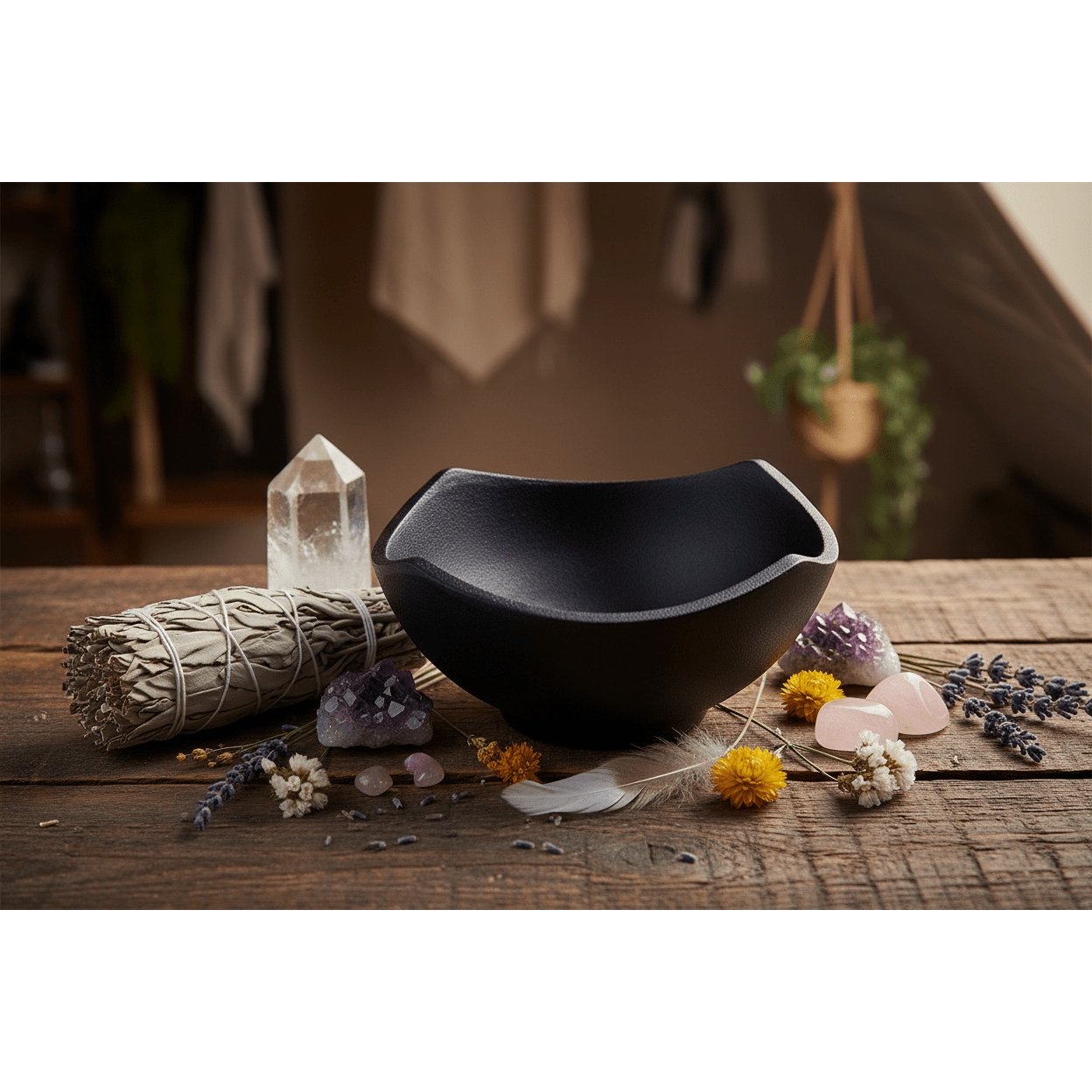 Cast Iron Cauldron Smudge Pot on rustic wooden surface with sage and crystals