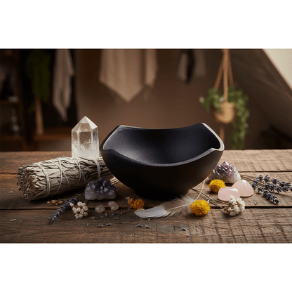 Cast Iron Cauldron Smudge Pot on rustic wooden surface with sage and crystals