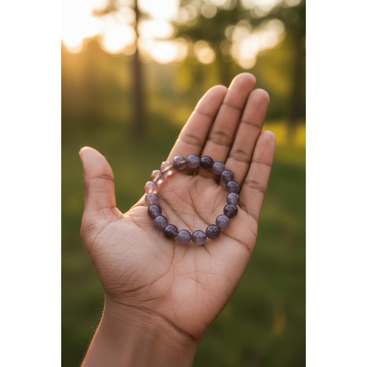 Amethyst bracelet with 8mm muted dusty lavender beads held in open palm of mixed-race person of color outdoors in golden hour light with blurred green foliage