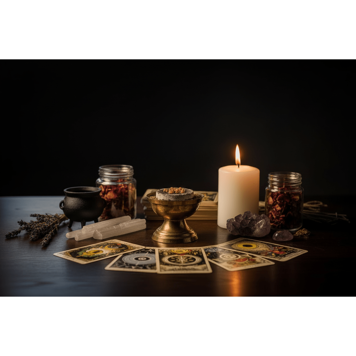 Myrrh granular incense burning on a lit grey ashy charcoal tablet in a brass censer, surrounded by tarot cards, crystals, a cauldron, dried herbs, and a white pillar candle on a dark wooden altar