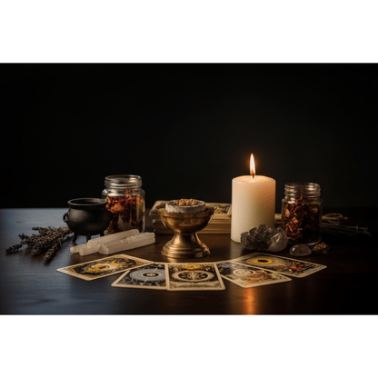 Myrrh granular incense burning on a lit grey ashy charcoal tablet in a brass censer, surrounded by tarot cards, crystals, a cauldron, dried herbs, and a white pillar candle on a dark wooden altar