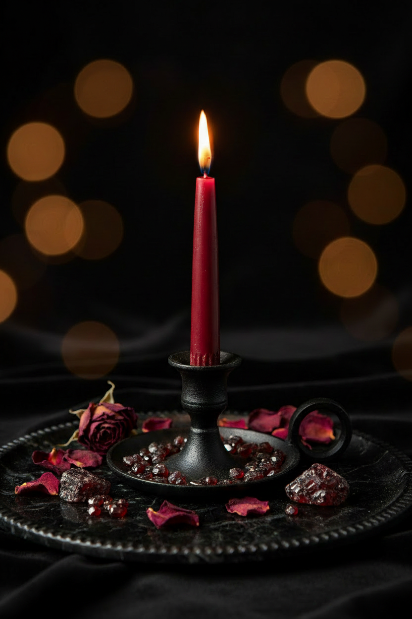 Lust ritual candle on obsidian altar tray with rose petals and garnet crystals