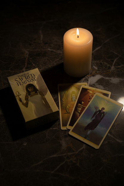 Tarot of Sacred Feminine deck on dark marble with candlelight
