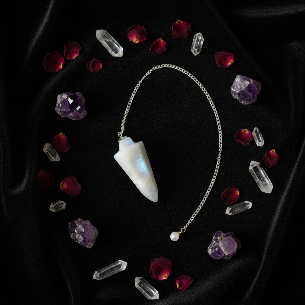 Rainbow moonstone pendulum flat-lay on black velvet with raw crystals and dried rose petals