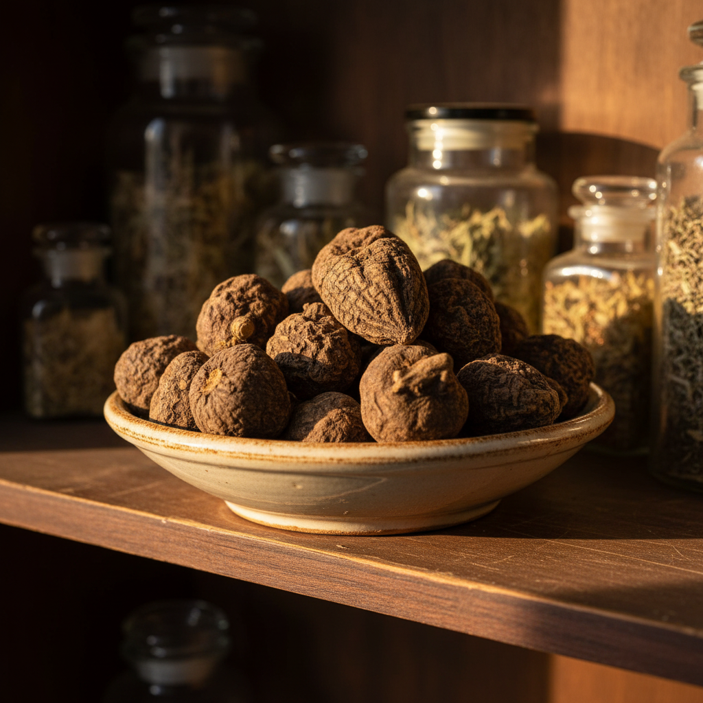 High John the Conqueror Root in ceramic apothecary dish on wooden shelf with herb jars