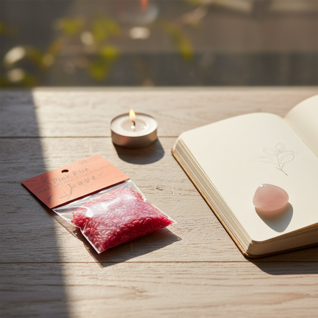 1oz Pink Infused Love Rice bag beside an open journal, rose quartz tumble stone, and tea light candle on a wooden surface