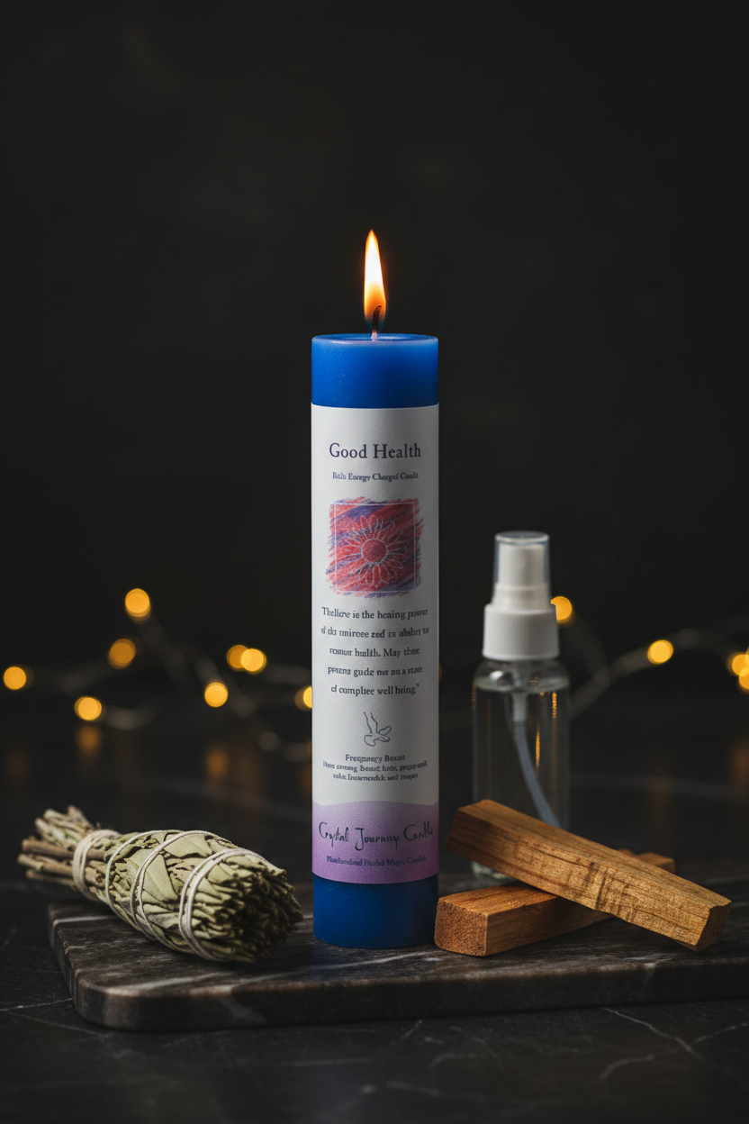 Good Health Reiki Charged Pillar Candle on marble surface with sage bundle and palo santo cleansing ritual
