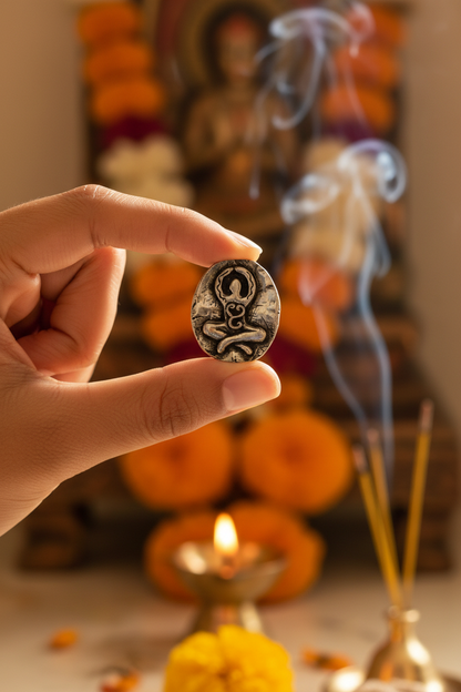 Goddess pewter pocket stone held between fingers against a home altar with diya lamp