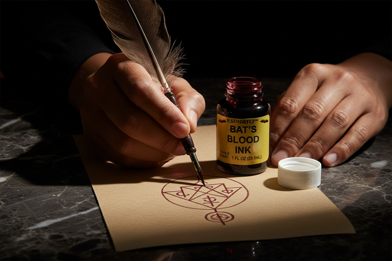 Hands dipping a quill into Bat's Blood Ink by Espiritu 1 oz bottle