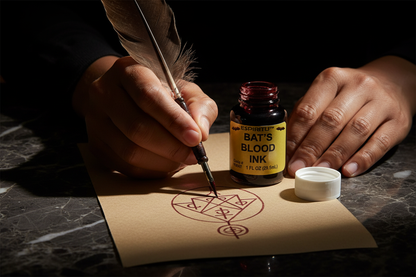 Hands dipping a quill into Bat's Blood Ink by Espiritu 1 oz bottle