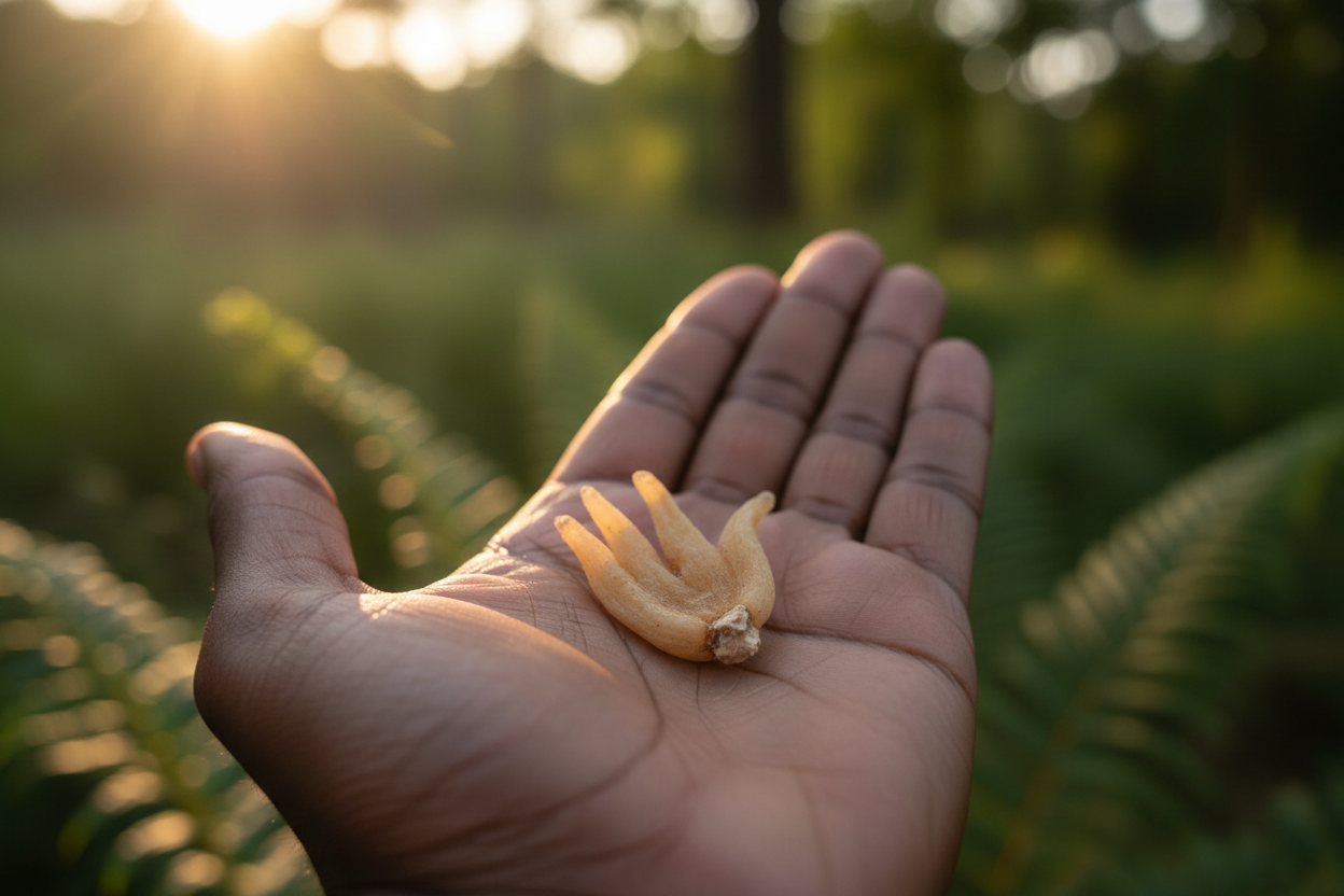 Lucky Hand Root held in an open palm outdoors in golden hour sunlight