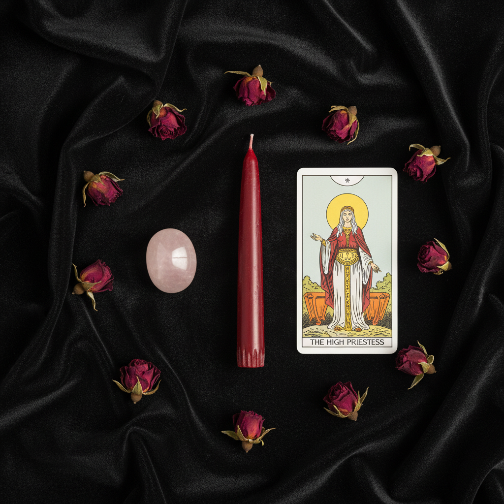 Lust ritual candle flat lay on black velvet with tarot card and rose quartz