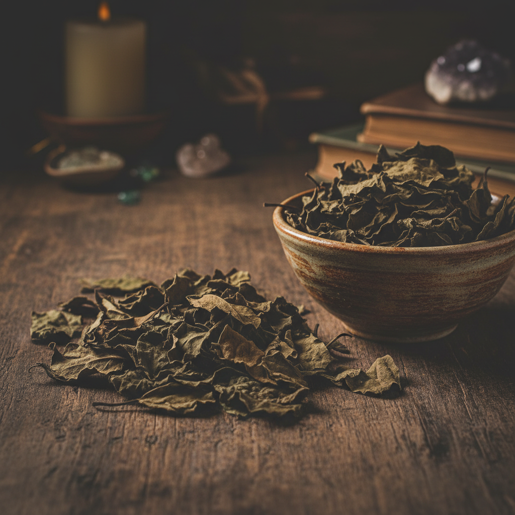 Bulk dried patchouli leaves spread on a dark wooden surface with some in a rustic bowl