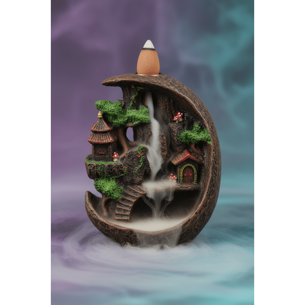 Fairy Scape Backflow Incense Burner close-up with swirling smoke and purple and teal mist highlighting intricate details