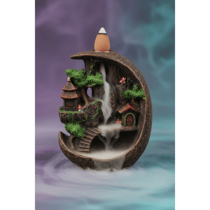 Fairy Scape Backflow Incense Burner close-up with swirling smoke and purple and teal mist highlighting intricate details