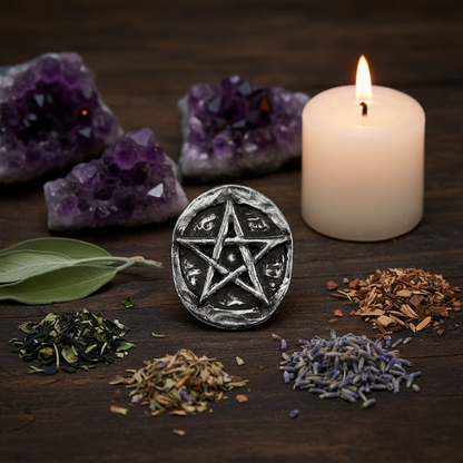 Pentagram pocket stone resting on a dark altar with dried herbs, white candle, and amethyst crystals