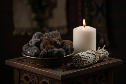 Natural lodestones in a ceramic dish on a wooden altar with a white pillar candle and sage bundle