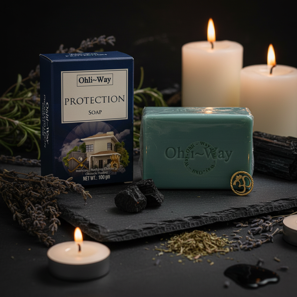 Ohli-Way Protection Soap box, teal bar, and gold Om charm on dark slate with herbs, crystals, and candlelight