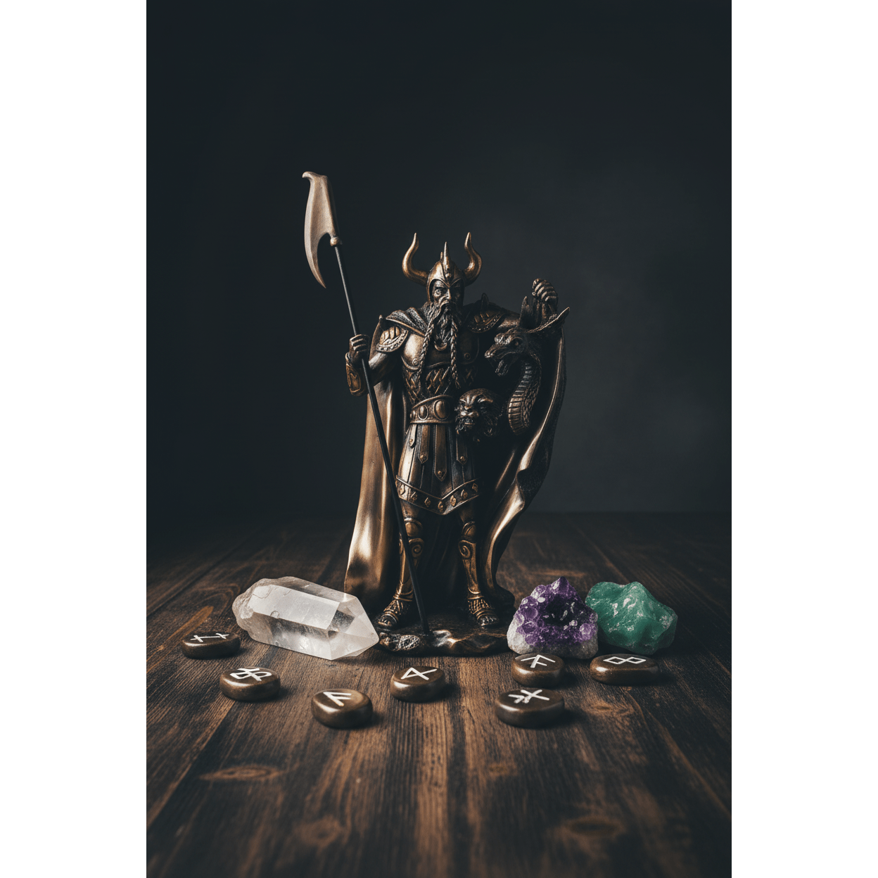Loki 10 inch statue on a dark altar with rune stones and crystals