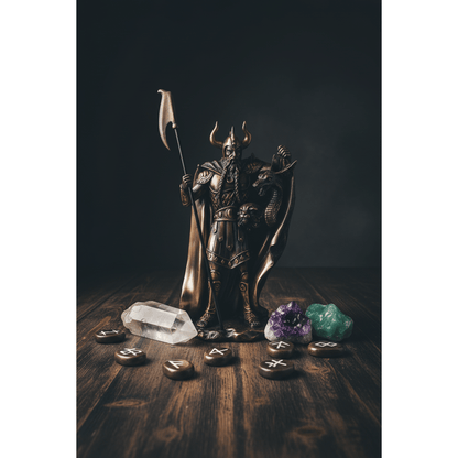 Loki 10 inch statue on a dark altar with rune stones and crystals