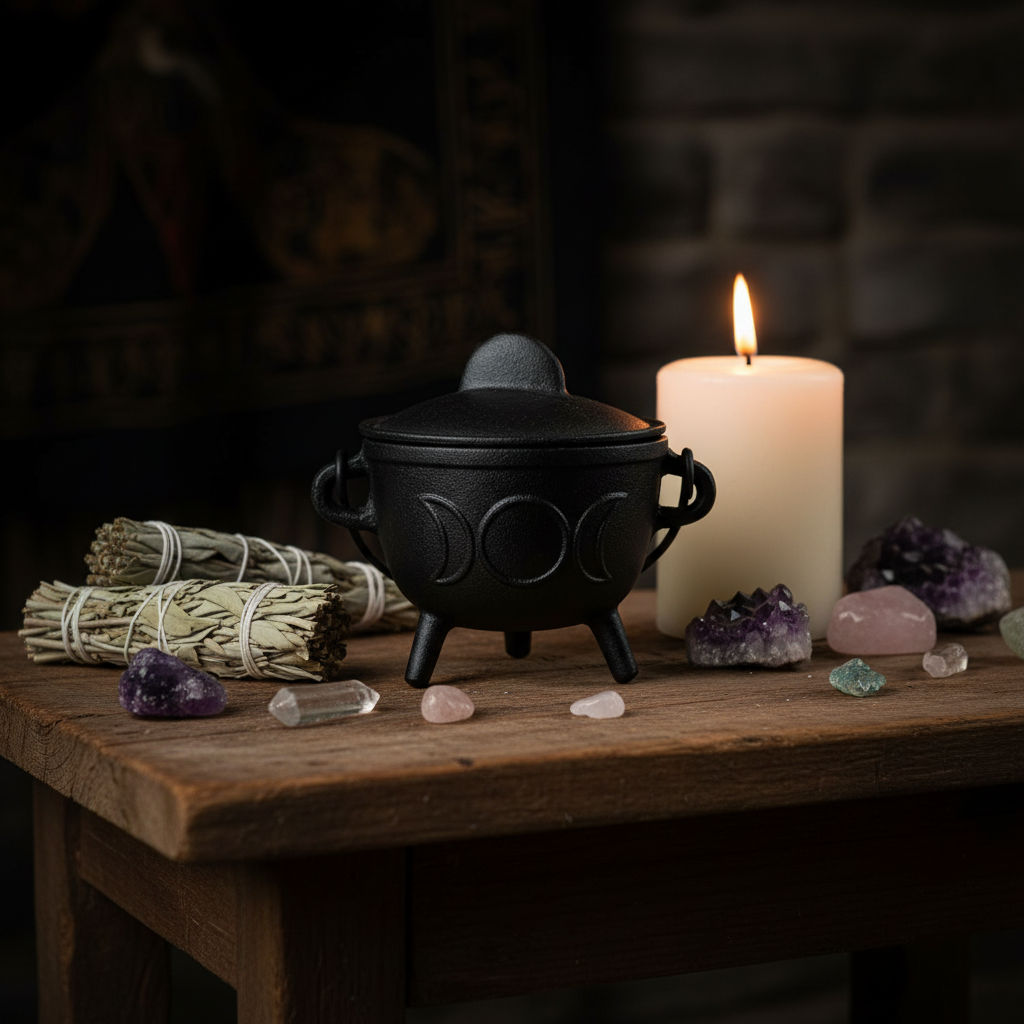 Triple Moon Cast Iron Cauldron with Lid on a rustic wooden altar with sage bundles, white pillar candle, and crystals in warm candlelight
