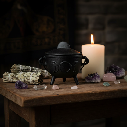 Triple Moon Cast Iron Cauldron with Lid on a rustic wooden altar with sage bundles, white pillar candle, and crystals in warm candlelight