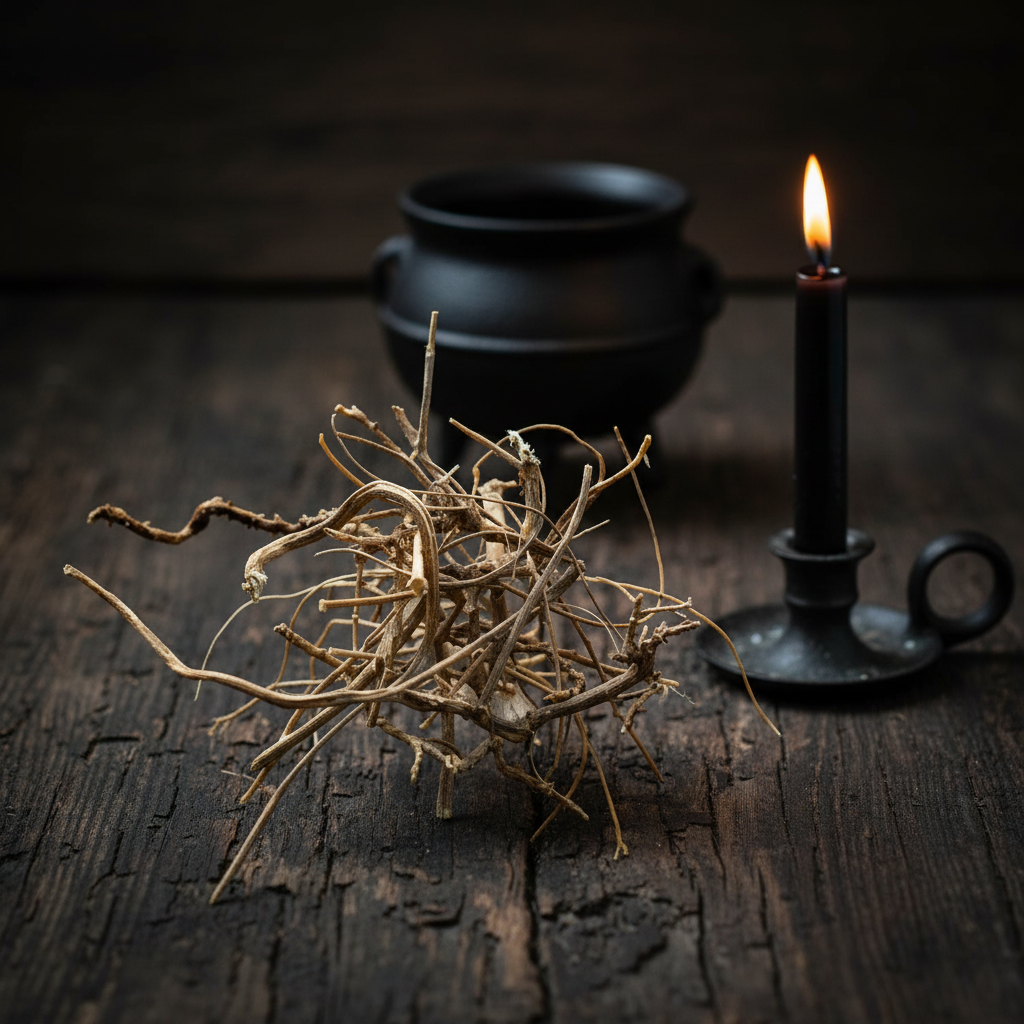 Dried Devil's Shoestring herb stems on dark weathered wood with a lit black taper candle, moody Hoodoo aesthetic