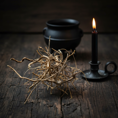 Dried Devil's Shoestring herb stems on dark weathered wood with a lit black taper candle, moody Hoodoo aesthetic
