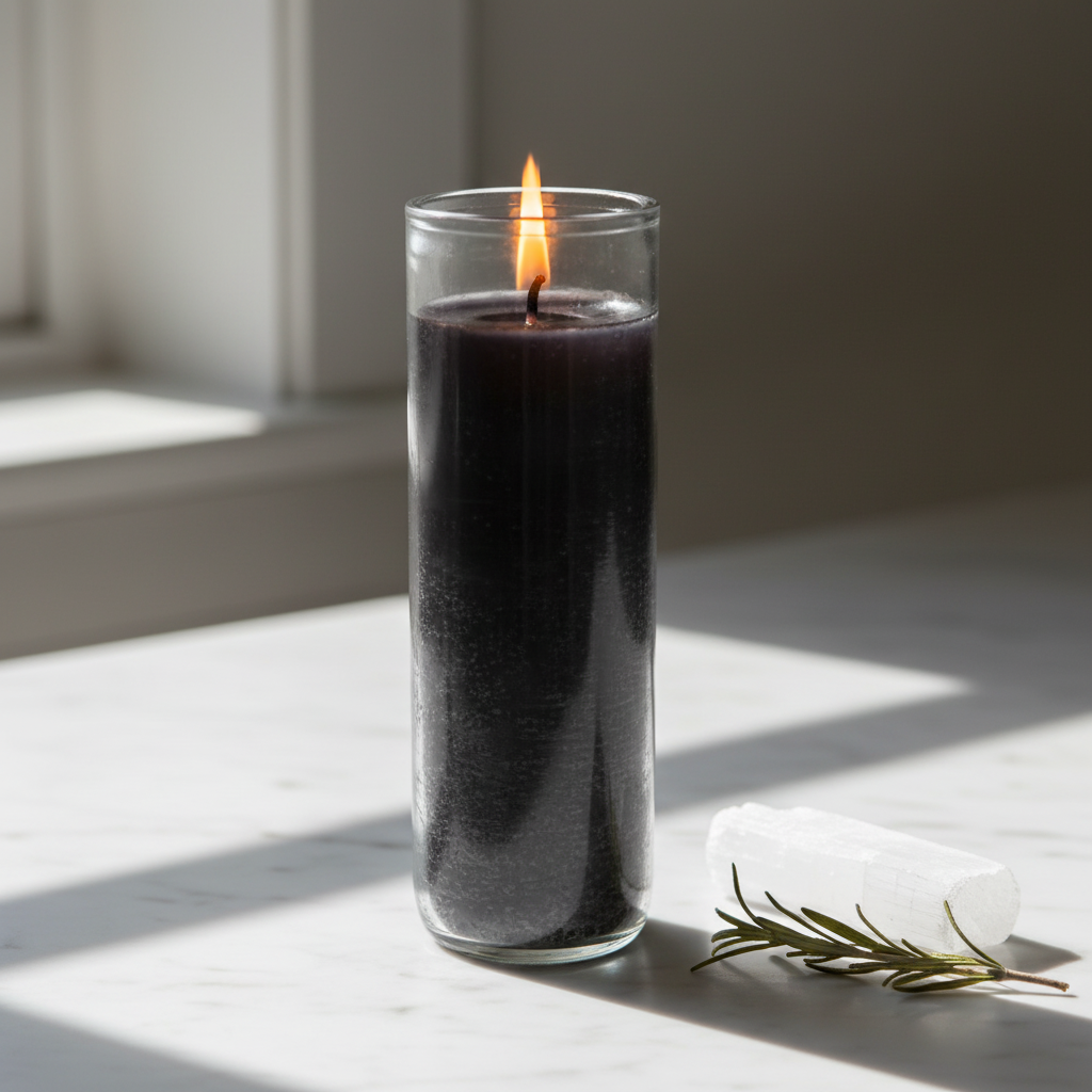 Slim black 7-day jar candle on white marble surface with selenite wand and dried rosemary in natural window light