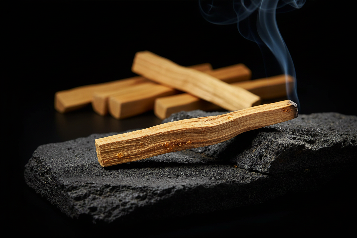 Single Palo Santo smudge stick on dark volcanic stone with dramatic side lighting and thin curl of smoke