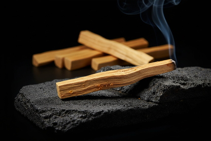 Single Palo Santo smudge stick on dark volcanic stone with dramatic side lighting and thin curl of smoke