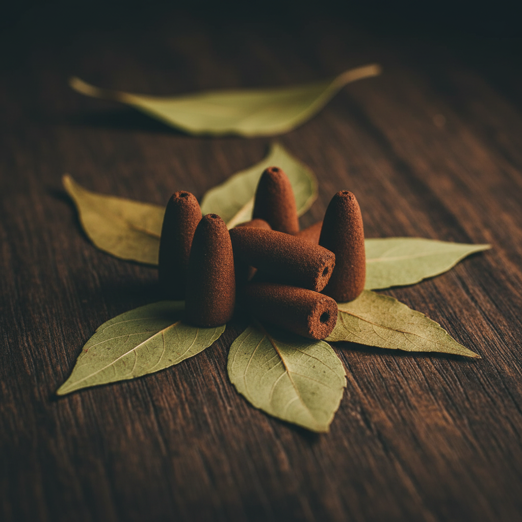 Close-up of suppository-shaped patchouli backflow incense cones with dried patchouli leaves