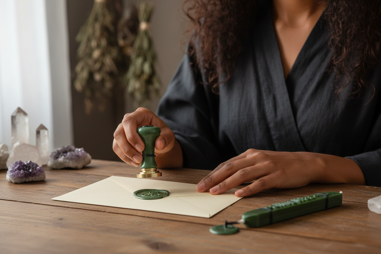Mixed-race woman pressing Celtic triskelion stamp onto green wax seal on envelope