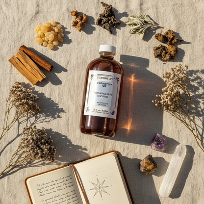 16oz Frankincense & Myrrh Anointing Oil flat lay with botanicals and crystals