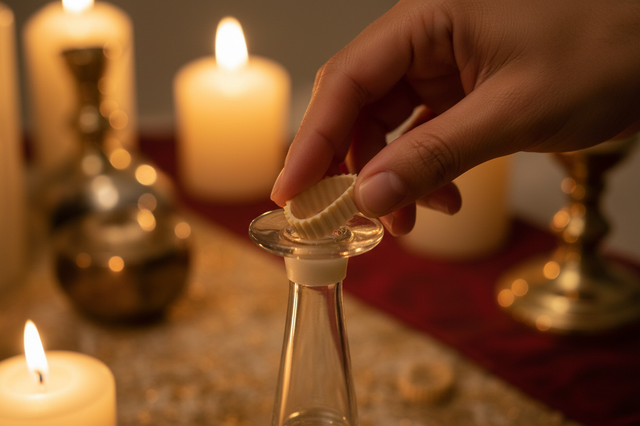 Fingers placing a rubber votive peg adapter onto a taper peg votive holder