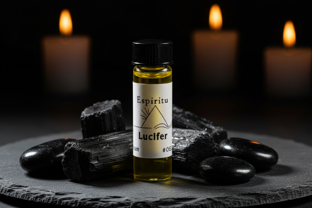 Lucifer Spiritual Oil 2 Dram bottle with yellow liquid surrounded by black tourmaline and obsidian crystals on dark slate
