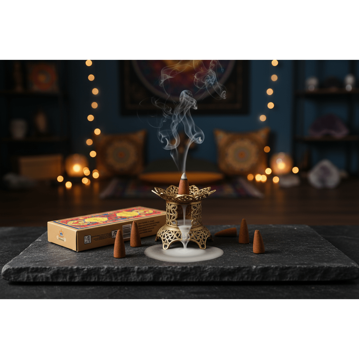 Frankincense backflow incense cone with rising smoke on a dark stone surface with a brass holder