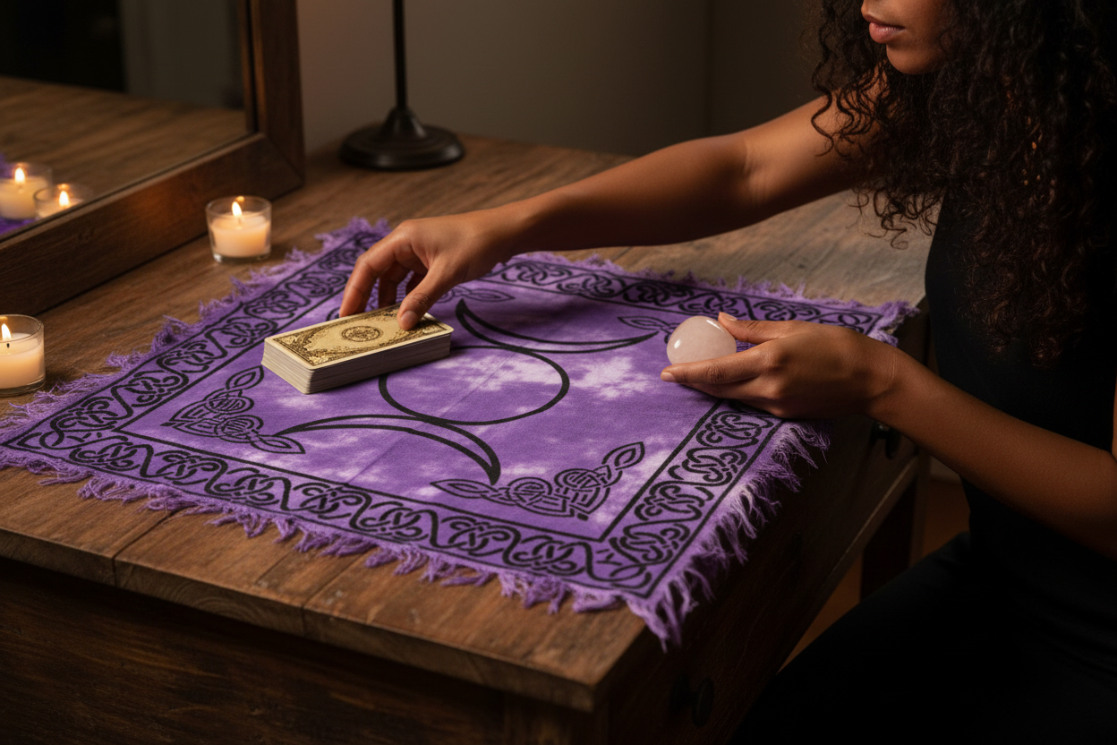Hands of a mixed-race woman of color arranging a tarot deck and rose quartz on a Triple Moon Altar Cloth in warm candlelight