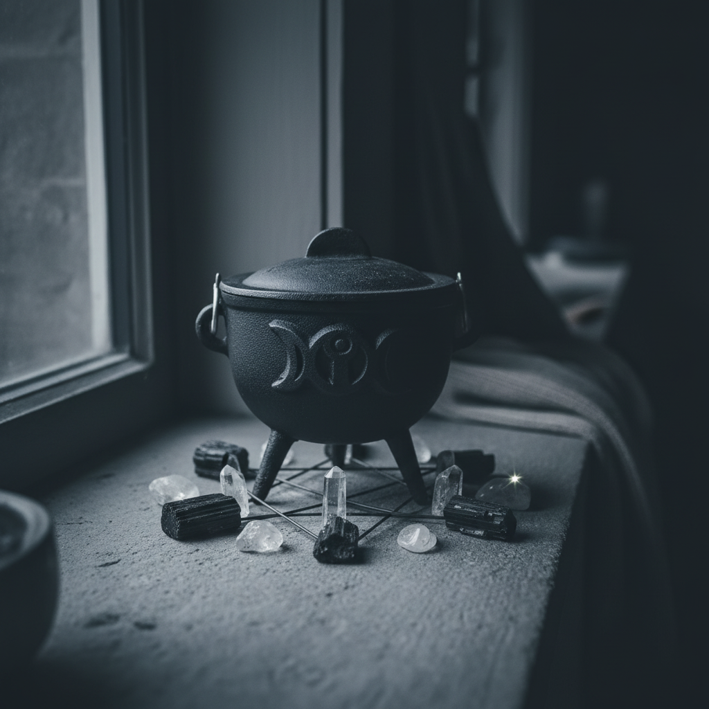 4.5-inch Triple Moon cast iron cauldron on a grey stone windowsill with moonlight, black tourmaline and clear quartz crystal grid in cool grey-blue tones