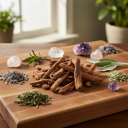 Jezebel Root Pieces dried stick-like roots on wooden cutting board with herbs and crystals